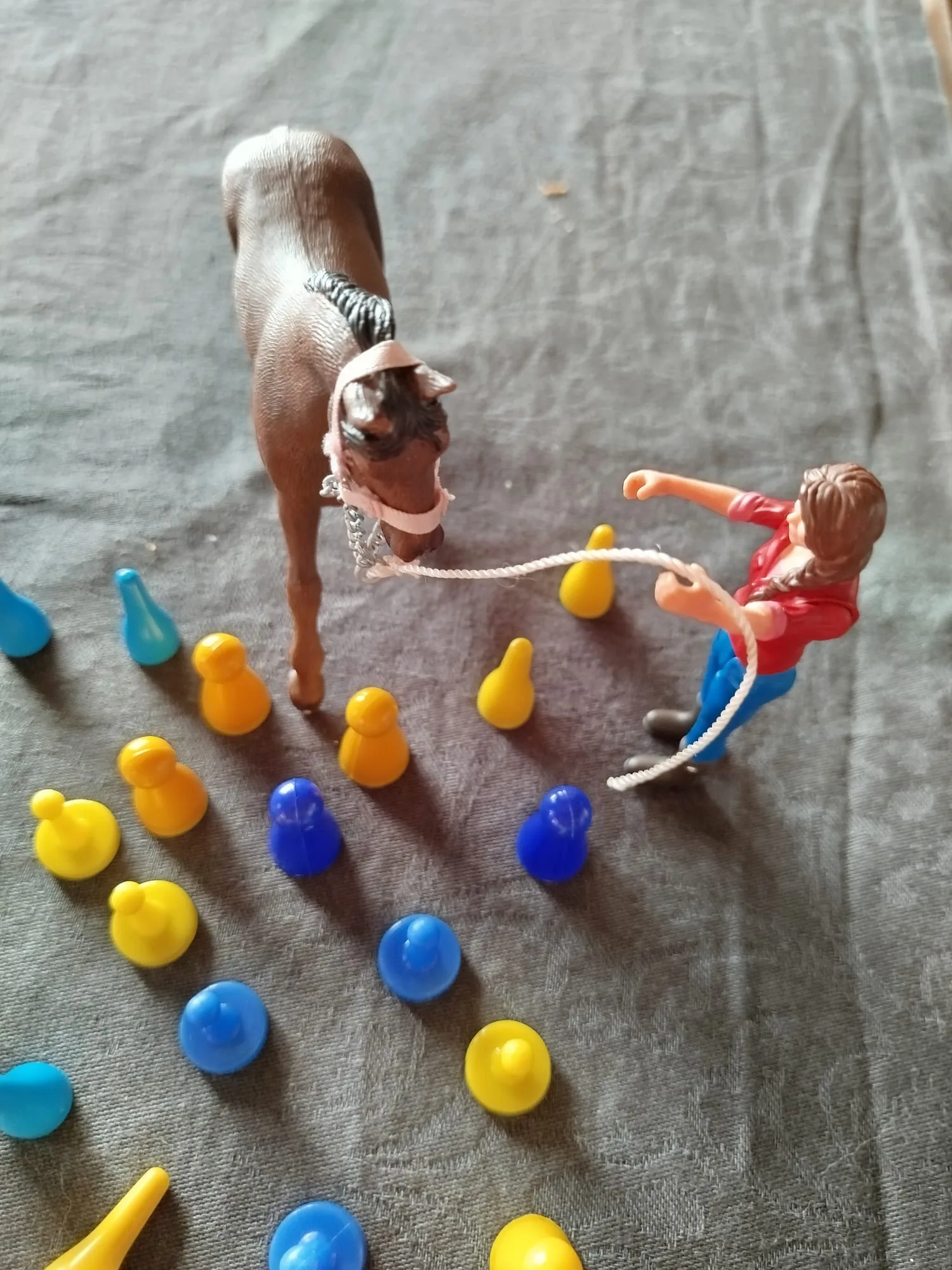 Pferdemodell beim Training mit bunten Markierungen